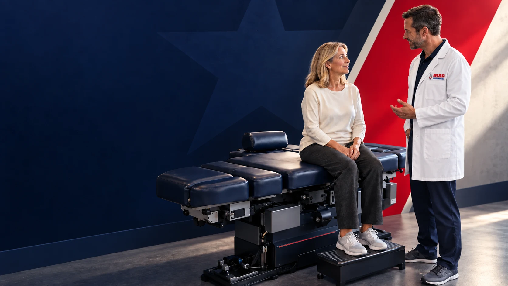 Illustrative scene of a clinician in a DCOA lab coat talking with a patient beside a decompression table